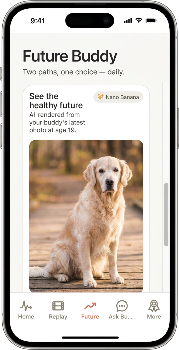 PawPulse Future Buddy screen showing an AI-rendered healthy future version of a Golden Retriever