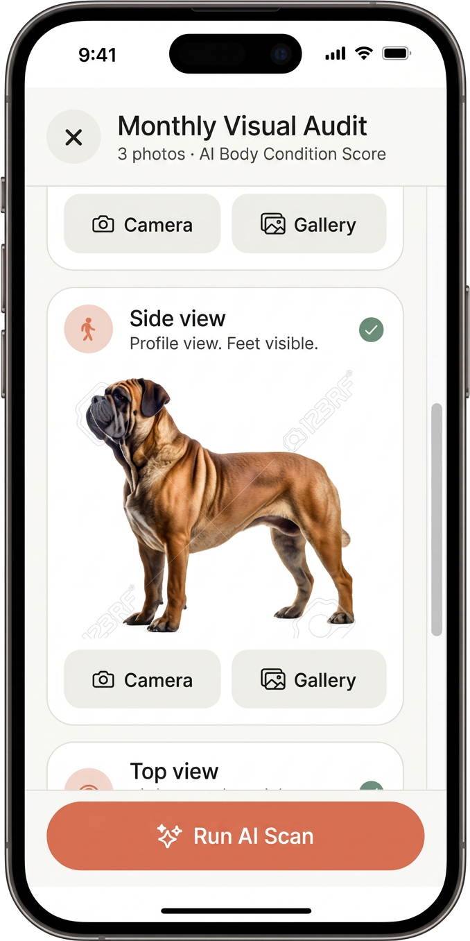 PawPulse monthly visual audit screen capturing a side view photo for AI body condition scoring